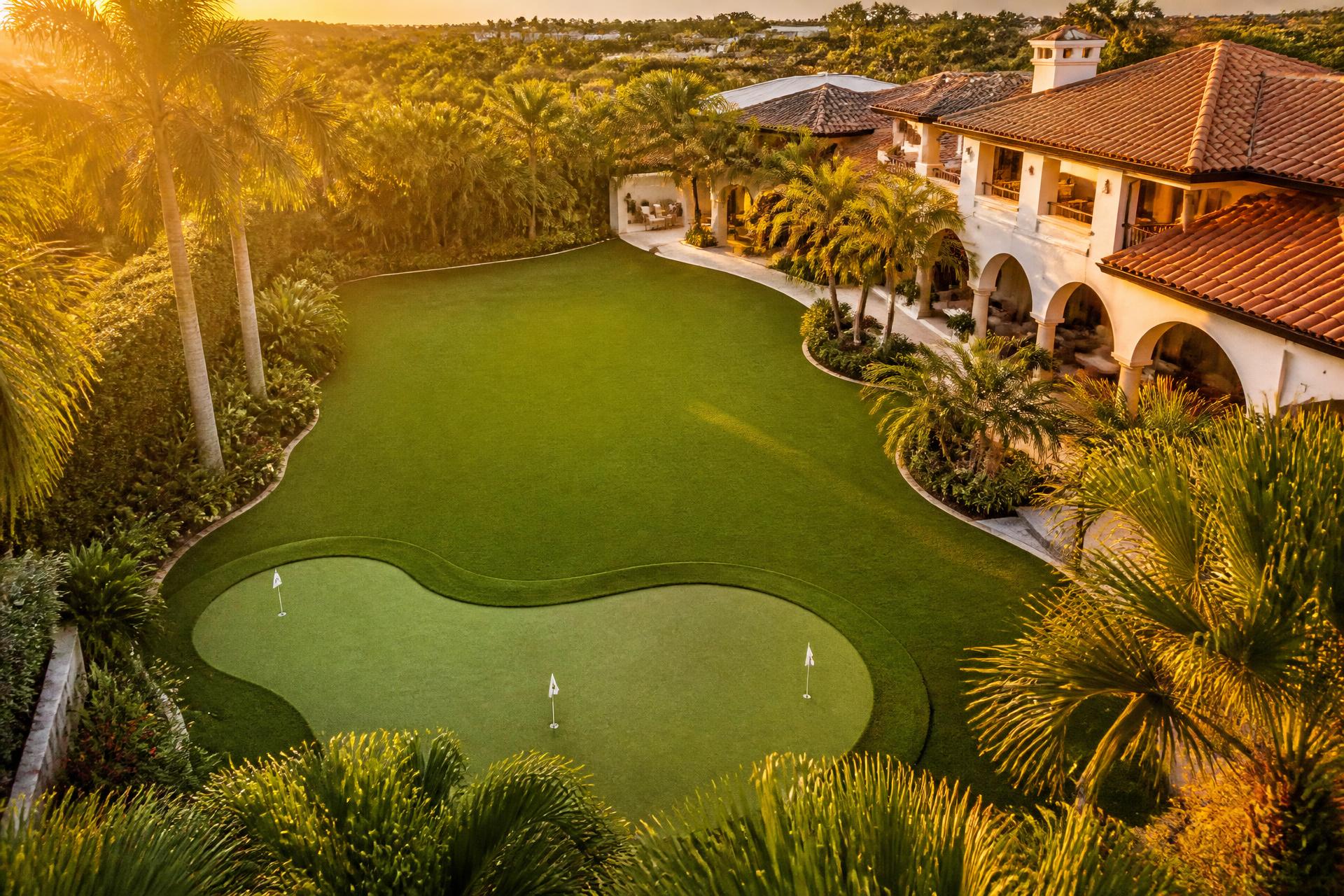 Luxury backyard at sunset with putting green