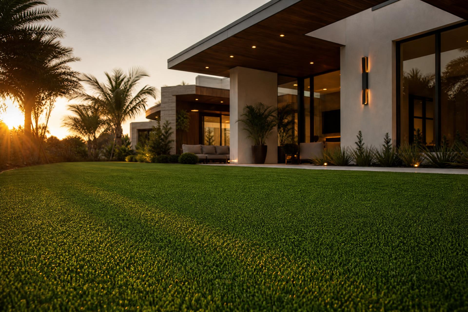 Luxury Florida home with premium artificial turf lawn at golden hour